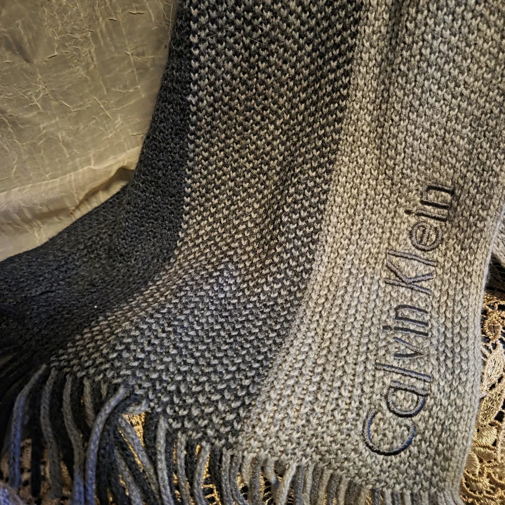 Calvin Klein Gray & Black Logo Knit Scarf | Fringe Winter Scarf
